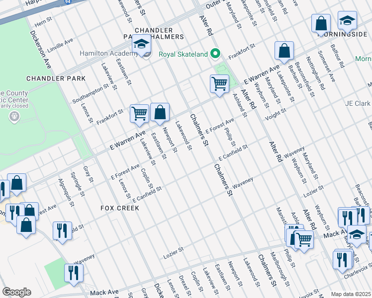 map of restaurants, bars, coffee shops, grocery stores, and more near 4707 Lakewood St in Detroit
