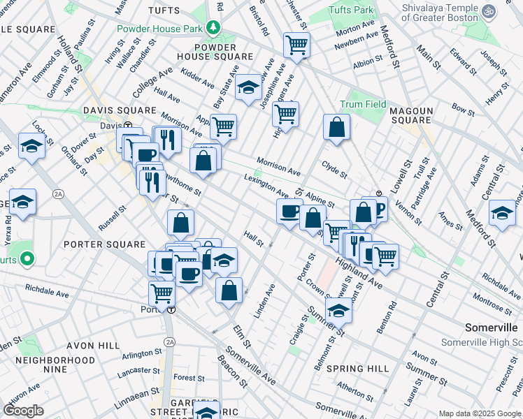 map of restaurants, bars, coffee shops, grocery stores, and more near 307 Highland Avenue in Somerville