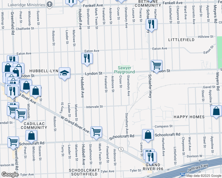 map of restaurants, bars, coffee shops, grocery stores, and more near 14328 Ardmore Street in Detroit