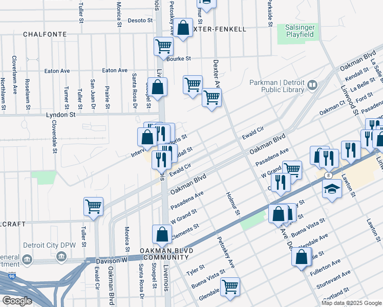 map of restaurants, bars, coffee shops, grocery stores, and more near 4067 Kendall Street in Detroit