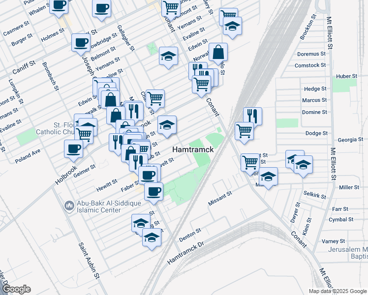 map of restaurants, bars, coffee shops, grocery stores, and more near 136 Gallagher Avenue in Hamtramck