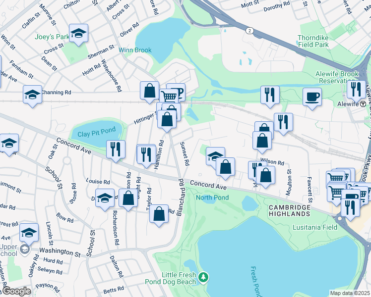 map of restaurants, bars, coffee shops, grocery stores, and more near 42 Sunset Road in Cambridge