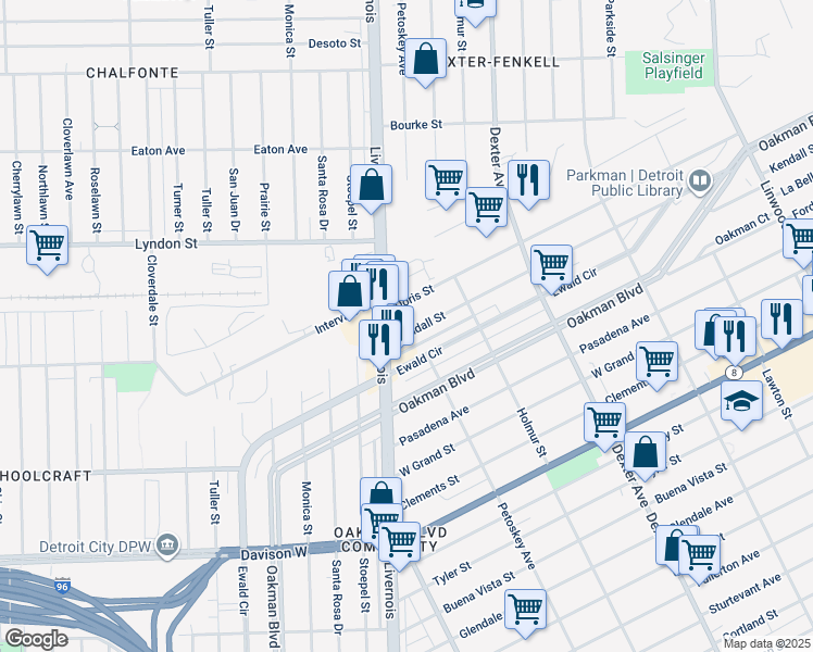 map of restaurants, bars, coffee shops, grocery stores, and more near 4136 Kendall Street in Detroit