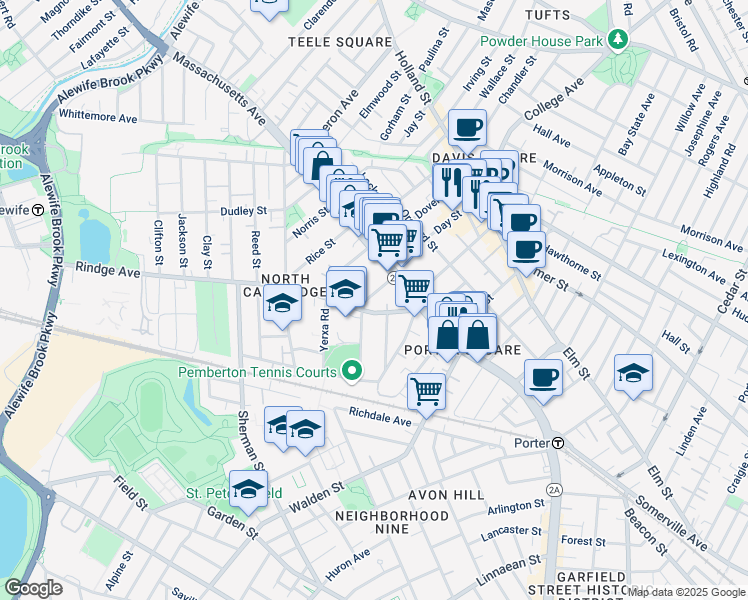 map of restaurants, bars, coffee shops, grocery stores, and more near 22 Haskell Street in Cambridge