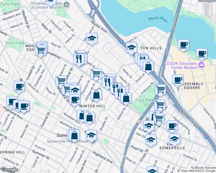 map of restaurants, bars, coffee shops, grocery stores, and more near 315 Broadway in Somerville