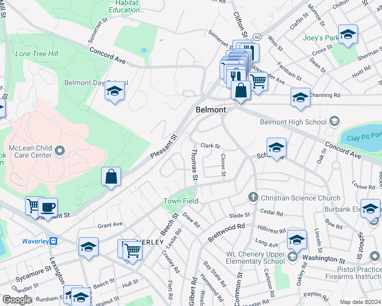 map of restaurants, bars, coffee shops, grocery stores, and more near 60 Thomas Street in Belmont