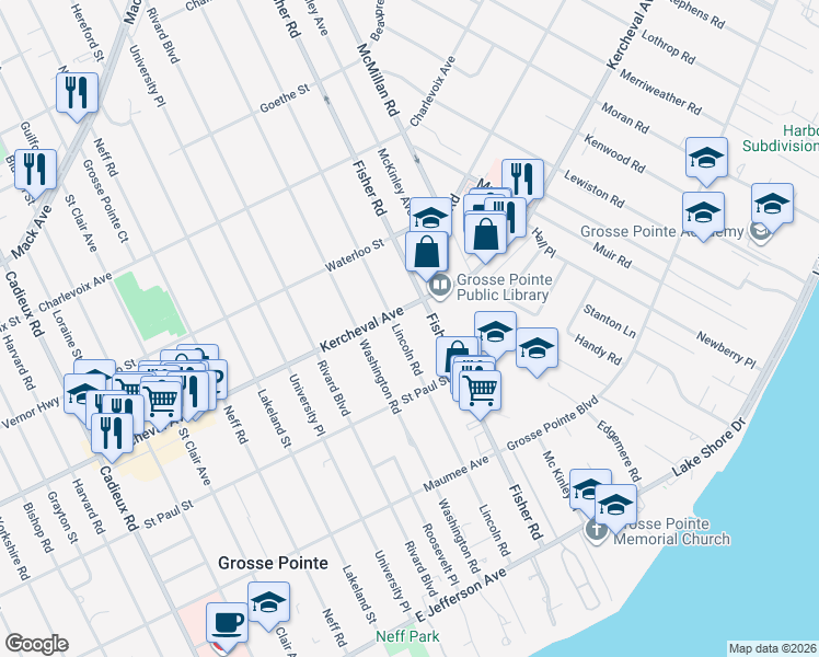 map of restaurants, bars, coffee shops, grocery stores, and more near 502 Lincoln Rd in Grosse Pointe