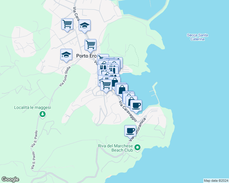 map of restaurants, bars, coffee shops, grocery stores, and more near 22 Lungomare Andrea Doria in Porto Ercole