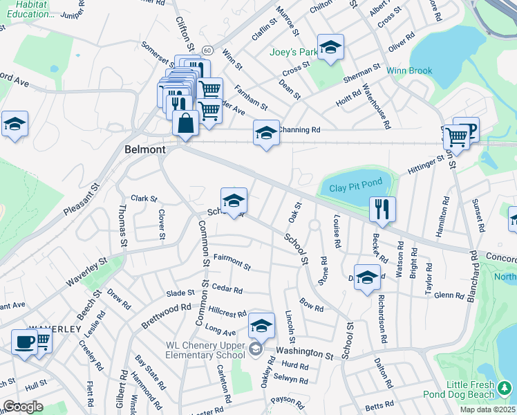 map of restaurants, bars, coffee shops, grocery stores, and more near 35 Myrtle Street in Belmont