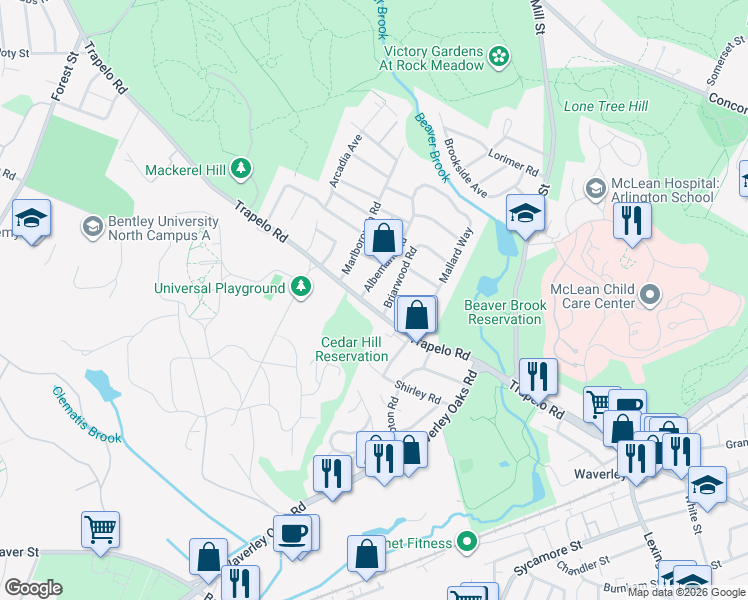 map of restaurants, bars, coffee shops, grocery stores, and more near 147 Trapelo Road in Waltham