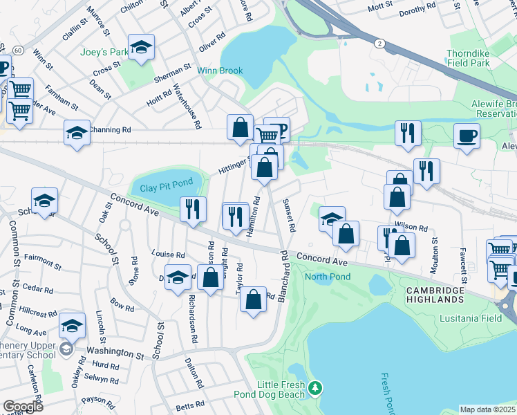 map of restaurants, bars, coffee shops, grocery stores, and more near 32 Colby Street in Belmont