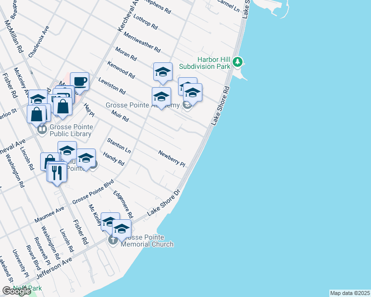 map of restaurants, bars, coffee shops, grocery stores, and more near 30 Briarwood Place in Grosse Pointe Farms