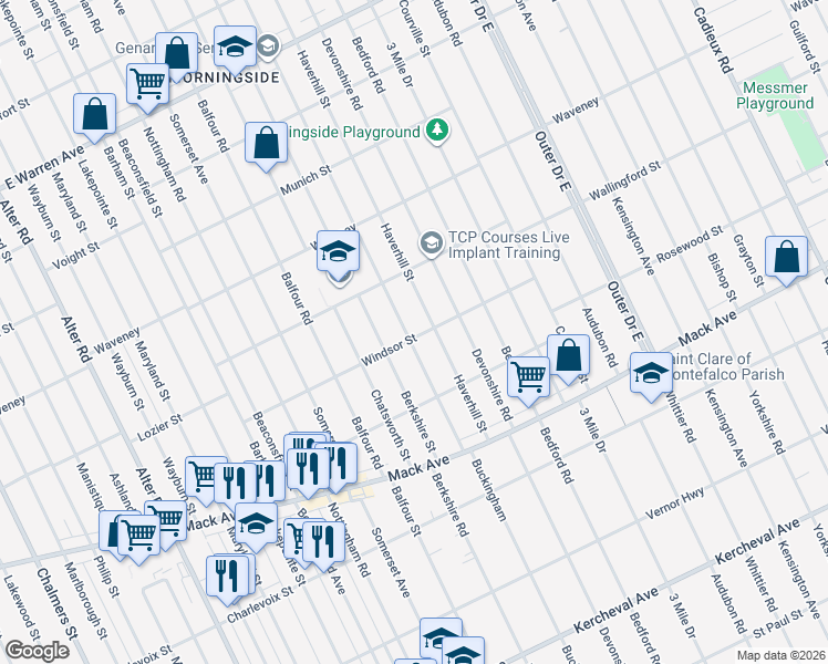 map of restaurants, bars, coffee shops, grocery stores, and more near 3904 Buckingham in Detroit