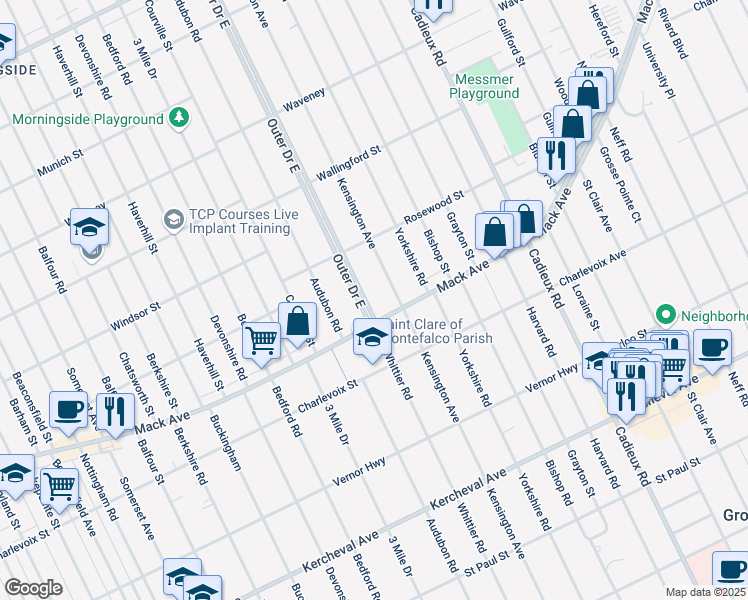 map of restaurants, bars, coffee shops, grocery stores, and more near 13291 Outer Drive East in Detroit