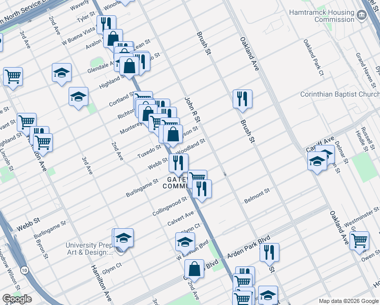map of restaurants, bars, coffee shops, grocery stores, and more near 80 Woodland Street in Detroit