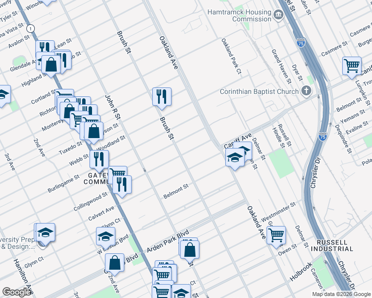 map of restaurants, bars, coffee shops, grocery stores, and more near 527 Harmon Street in Detroit
