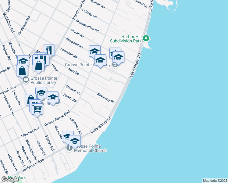 map of restaurants, bars, coffee shops, grocery stores, and more near 30 Briarwood Place in Grosse Pointe Farms