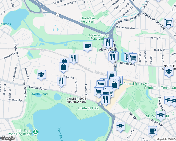 map of restaurants, bars, coffee shops, grocery stores, and more near 89 Cambridgepark Drive in Cambridge