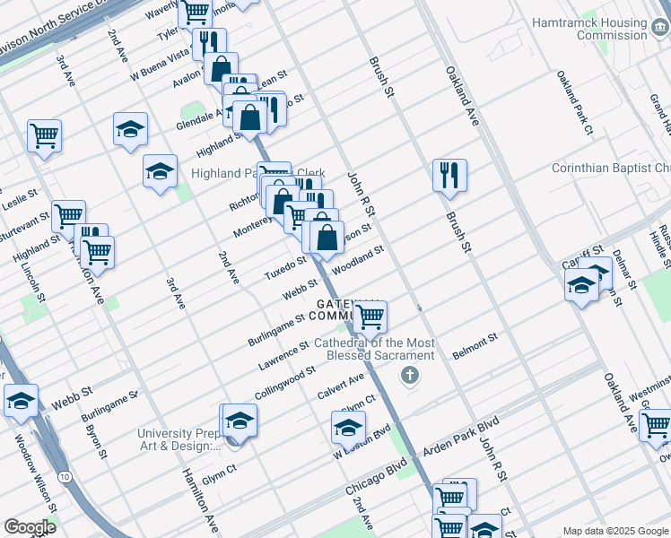 map of restaurants, bars, coffee shops, grocery stores, and more near 11698 Woodward Avenue in Detroit