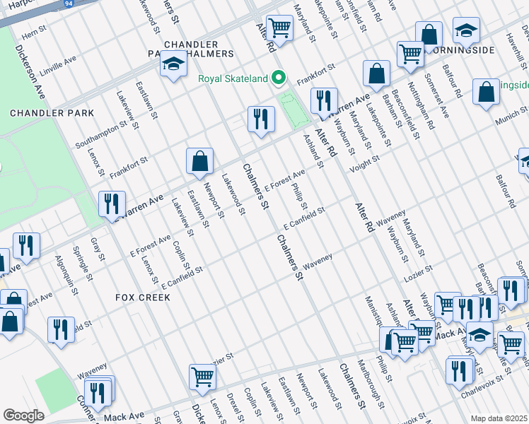 map of restaurants, bars, coffee shops, grocery stores, and more near 4675 Chalmers Street in Detroit
