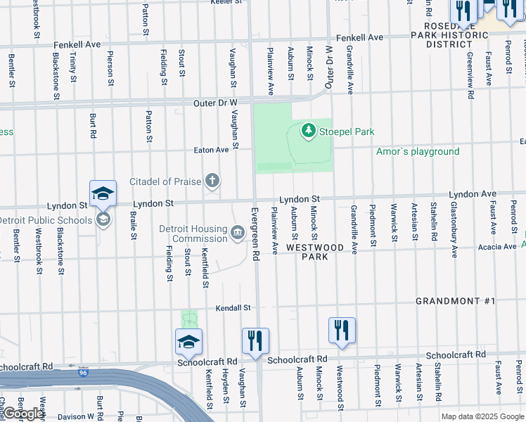 map of restaurants, bars, coffee shops, grocery stores, and more near 14432 Evergreen Rd in Detroit