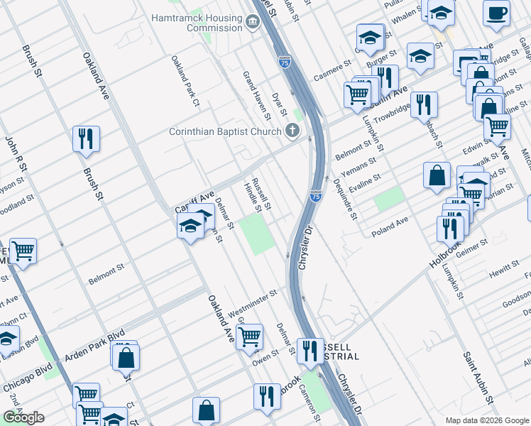 map of restaurants, bars, coffee shops, grocery stores, and more near 9833 Russell Street in Detroit