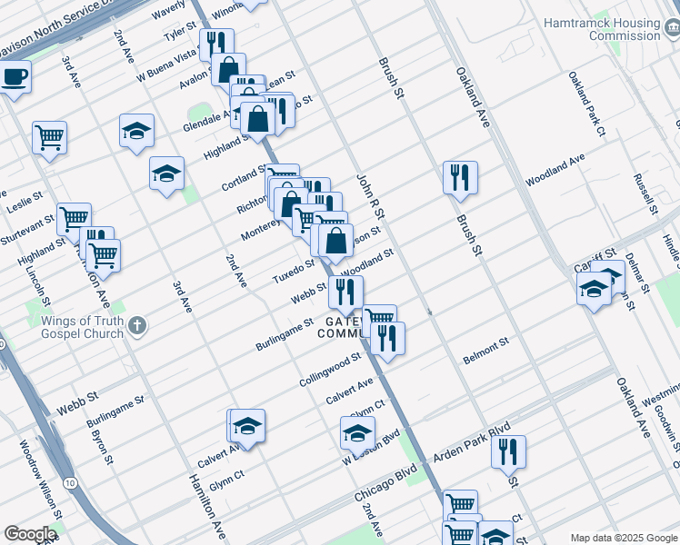 map of restaurants, bars, coffee shops, grocery stores, and more near 11698 Woodward Avenue in Detroit
