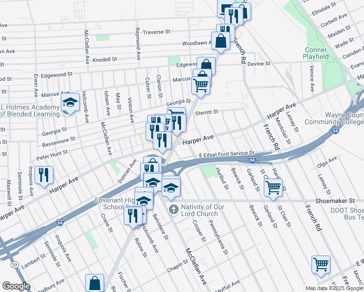 map of restaurants, bars, coffee shops, grocery stores, and more near in Detroit