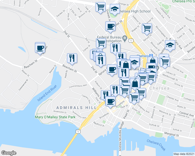 map of restaurants, bars, coffee shops, grocery stores, and more near 201 Auburn Street in Chelsea