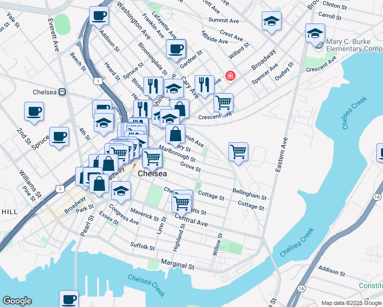map of restaurants, bars, coffee shops, grocery stores, and more near 77 Library Street in Chelsea