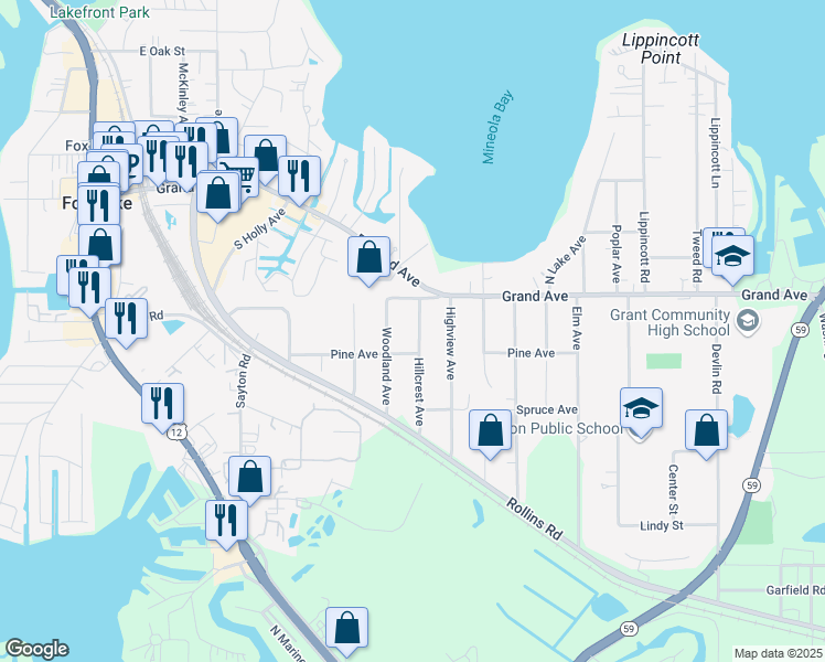 map of restaurants, bars, coffee shops, grocery stores, and more near 14 Hillcrest Avenue in Fox Lake