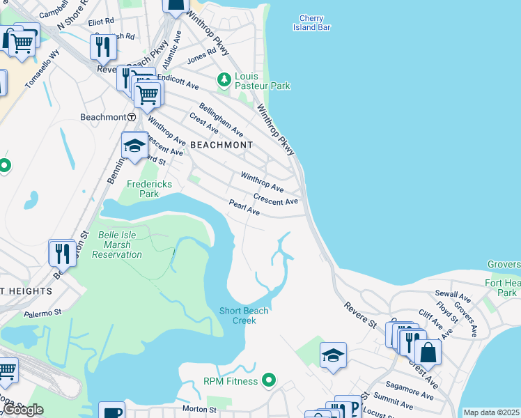 map of restaurants, bars, coffee shops, grocery stores, and more near 81 Pearl Avenue in Revere