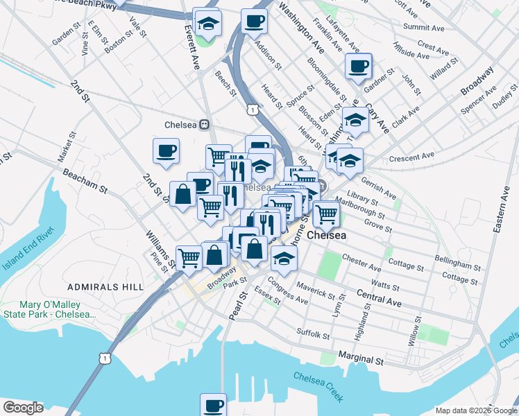map of restaurants, bars, coffee shops, grocery stores, and more near 69 4th Street in Chelsea
