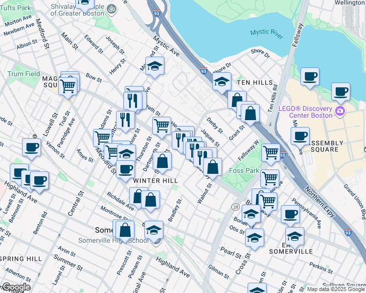 map of restaurants, bars, coffee shops, grocery stores, and more near 315 Broadway in Somerville