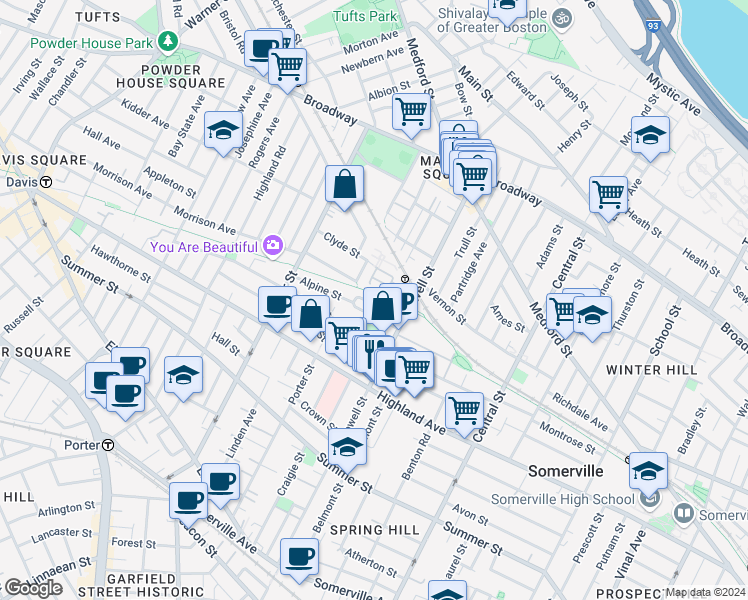 map of restaurants, bars, coffee shops, grocery stores, and more near 24 Princeton Street in Somerville