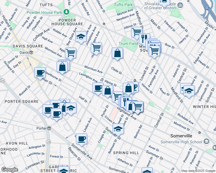 map of restaurants, bars, coffee shops, grocery stores, and more near 159 Albion Street in Somerville