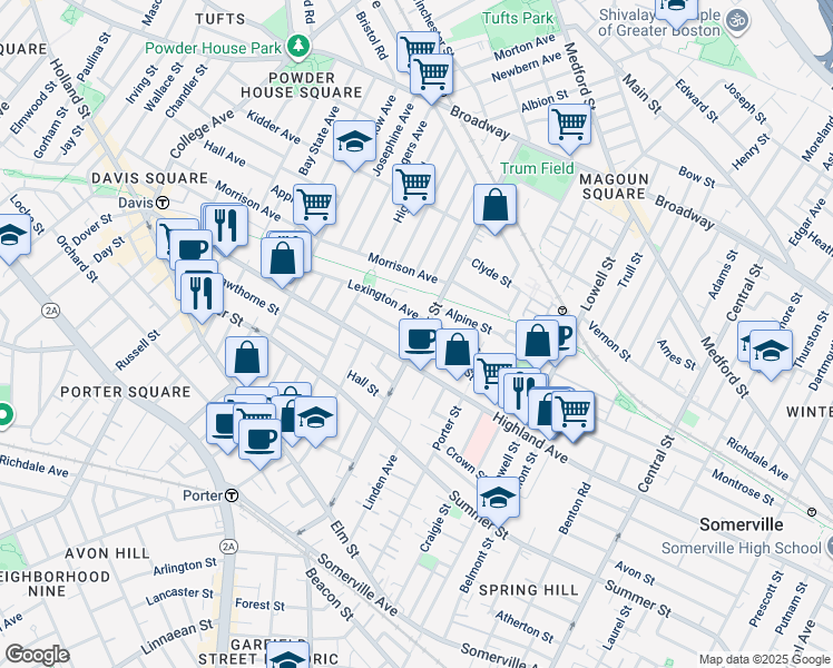 map of restaurants, bars, coffee shops, grocery stores, and more near 124 Cedar Street in Somerville