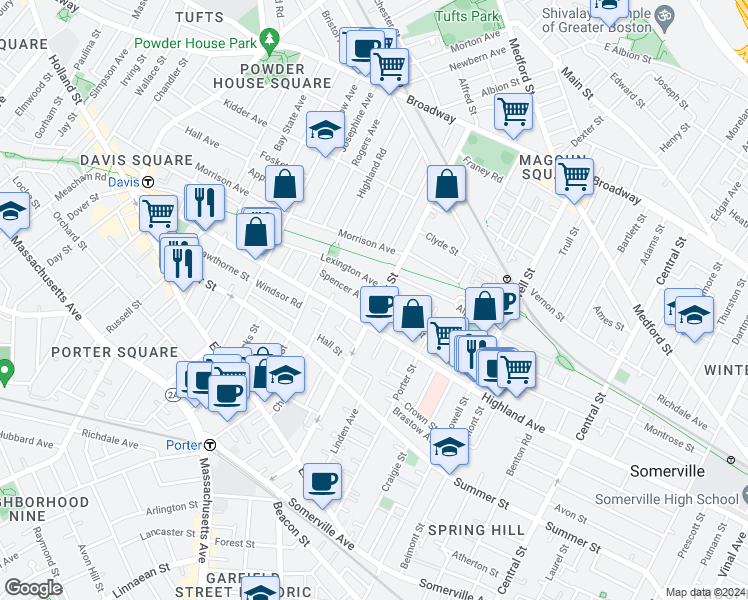 map of restaurants, bars, coffee shops, grocery stores, and more near 124 Cedar Street in Somerville
