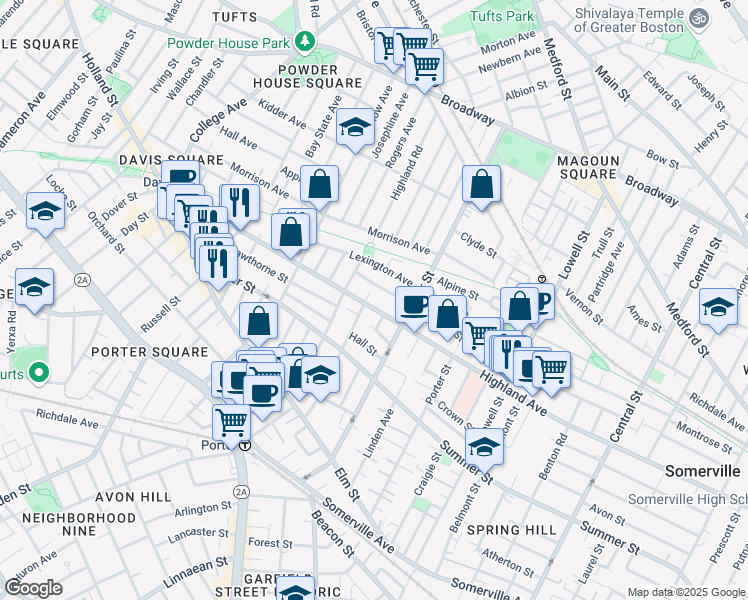 map of restaurants, bars, coffee shops, grocery stores, and more near 307 Highland Avenue in Somerville