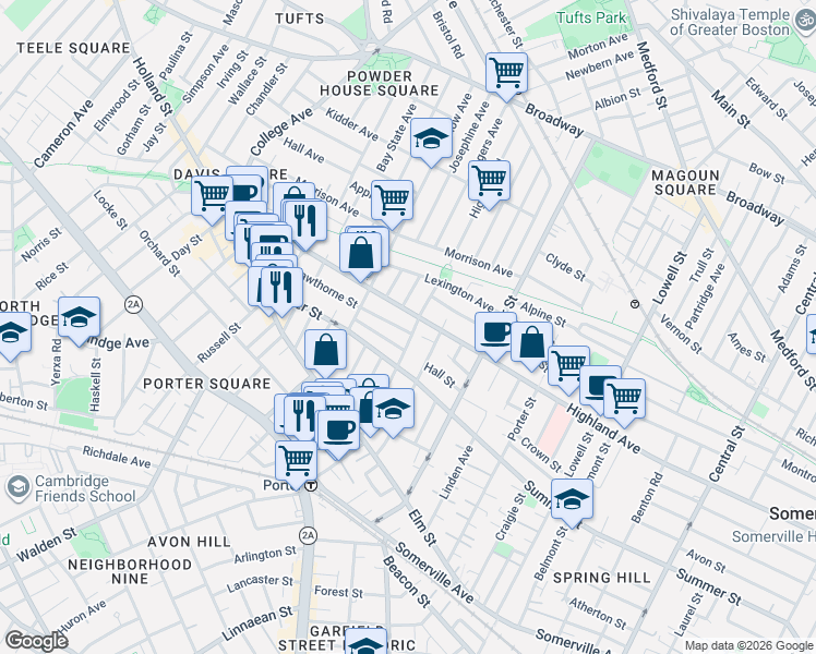 map of restaurants, bars, coffee shops, grocery stores, and more near 322 Highland Avenue in Somerville