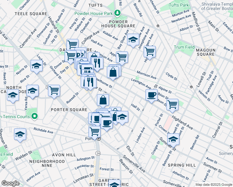 map of restaurants, bars, coffee shops, grocery stores, and more near 18 Charnwood Road in Somerville