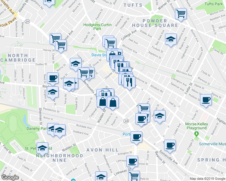 map of restaurants, bars, coffee shops, grocery stores, and more near 88 Orchard Street in Somerville