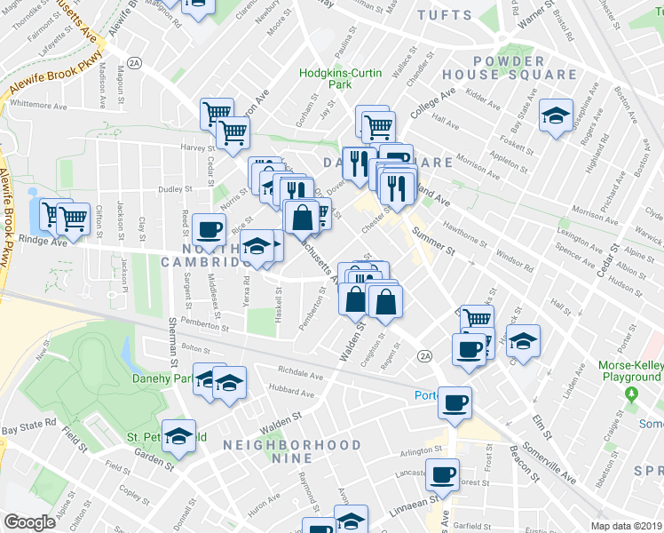 map of restaurants, bars, coffee shops, grocery stores, and more near 2192 Massachusetts Avenue in Cambridge