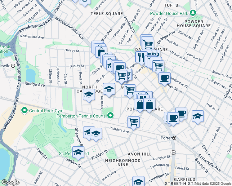 map of restaurants, bars, coffee shops, grocery stores, and more near 22 Haskell Street in Cambridge