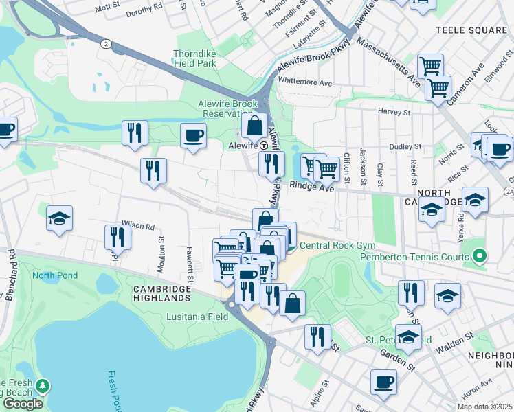 map of restaurants, bars, coffee shops, grocery stores, and more near 80 Cambridgepark Drive in Cambridge
