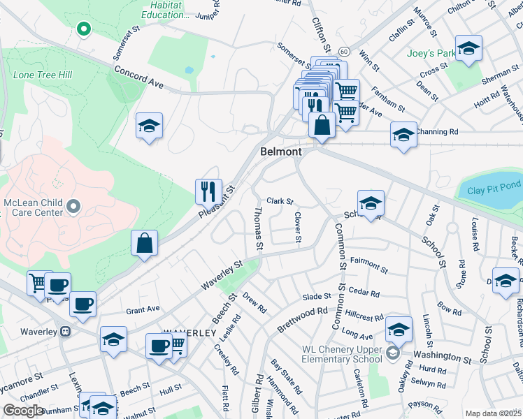 map of restaurants, bars, coffee shops, grocery stores, and more near 60 Thomas Street in Belmont