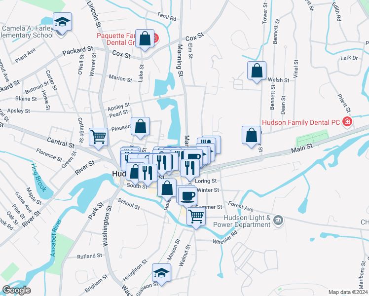 map of restaurants, bars, coffee shops, grocery stores, and more near 22 Manning Street in Hudson
