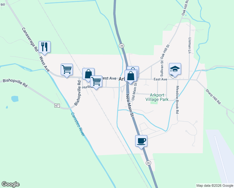 map of restaurants, bars, coffee shops, grocery stores, and more near Peach Street in Arkport