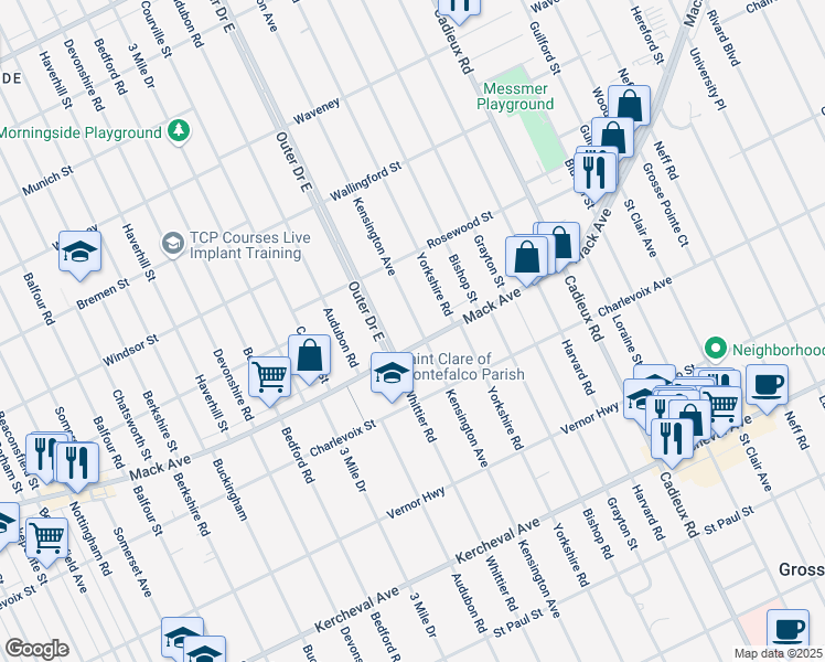 map of restaurants, bars, coffee shops, grocery stores, and more near 13291 Outer Drive East in Detroit