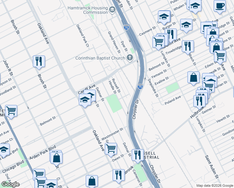 map of restaurants, bars, coffee shops, grocery stores, and more near 9833 Russell Street in Detroit